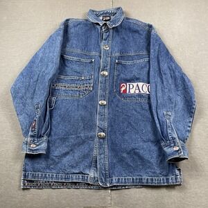 Vintage Paco Jacket Mens XL Blue Denim Jean‎ Chore Coat Embroidered Button Y2K